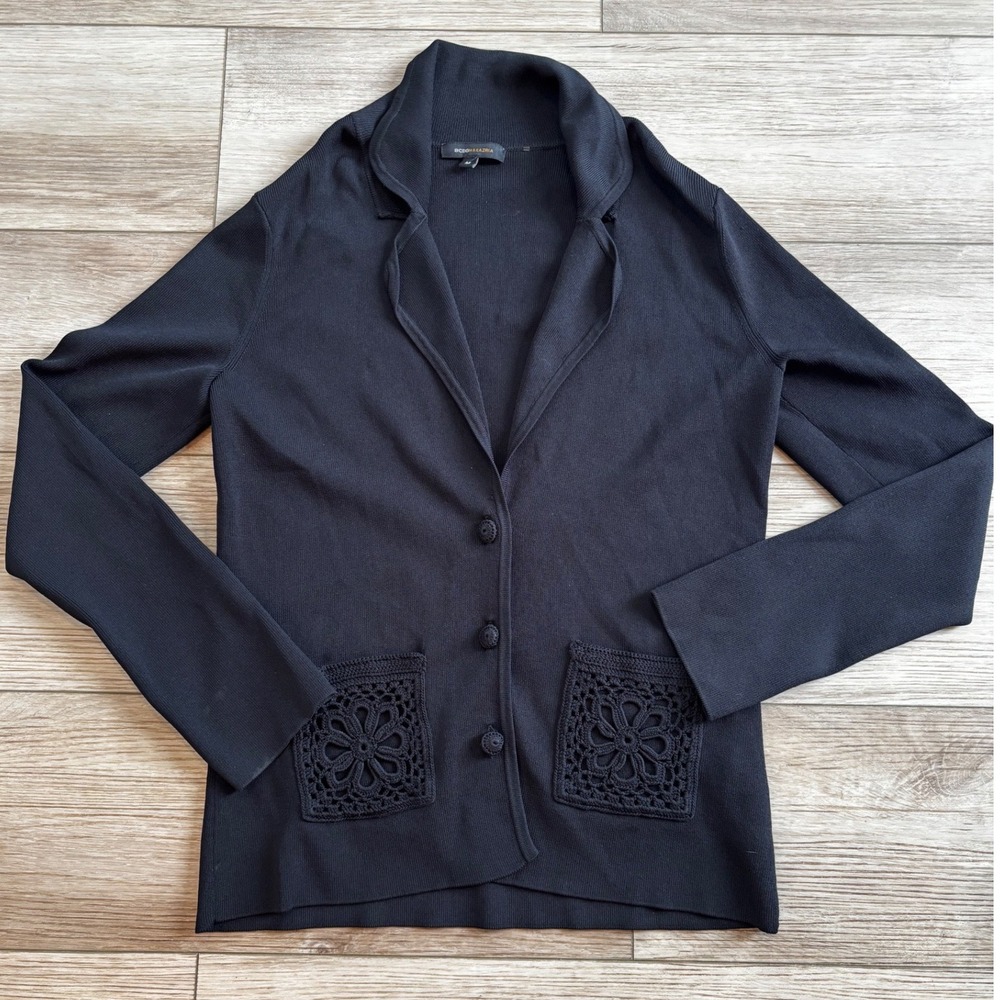 BCBGMAXAZRIA Black Crochet Flower Pocket Knit Cardigan‎ Blazer BC11153J Womens M
